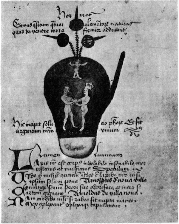 O Rei e a Rainha no Ovo Filosófico. (Manuscrito alquímico de Johannes Andreae, século XV; Londres, British Museum.) 