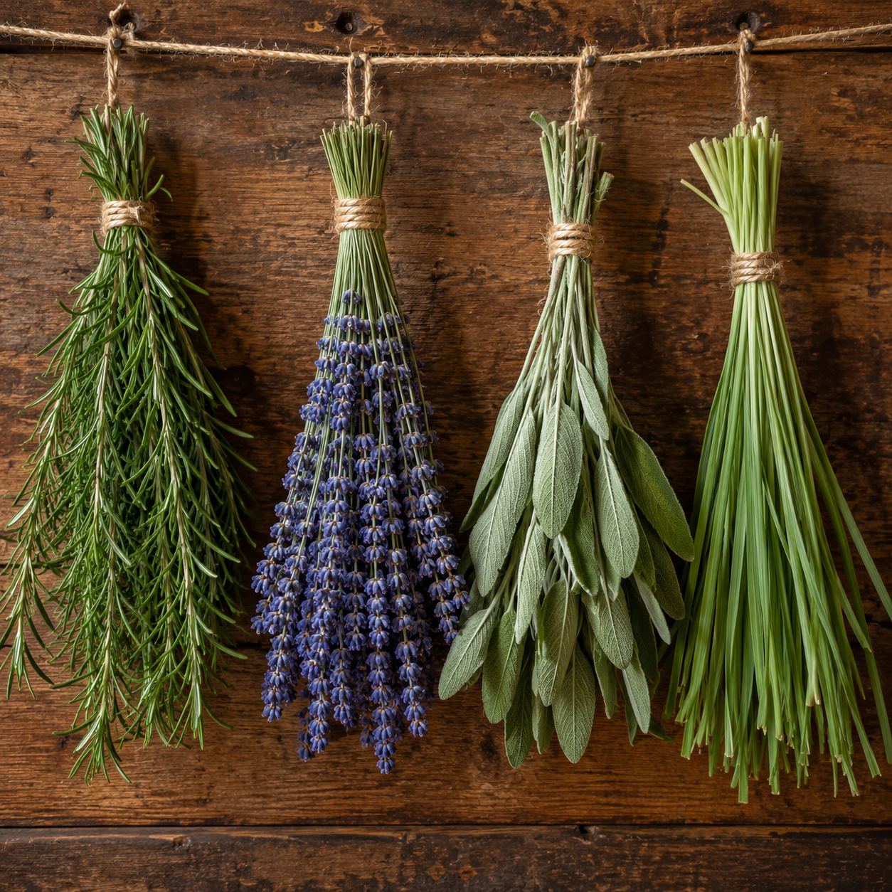 Ramos de ervas aromáticas secando pendurados