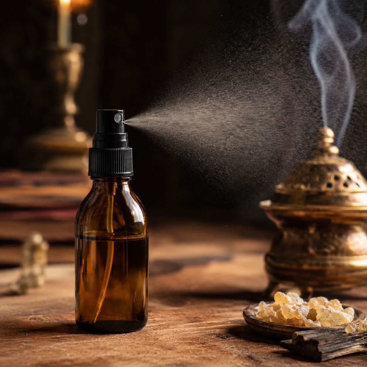 Frasco de spray aromático ao lado de um incensário