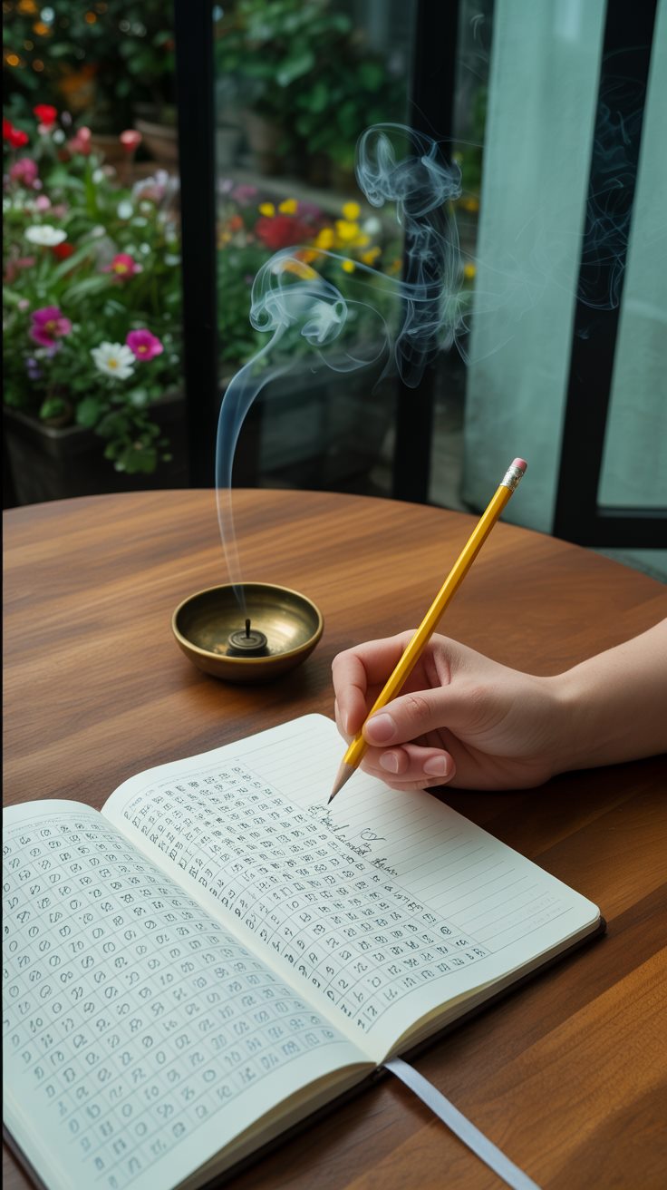 Mão escrevendo cálculos numerológicos em um caderno