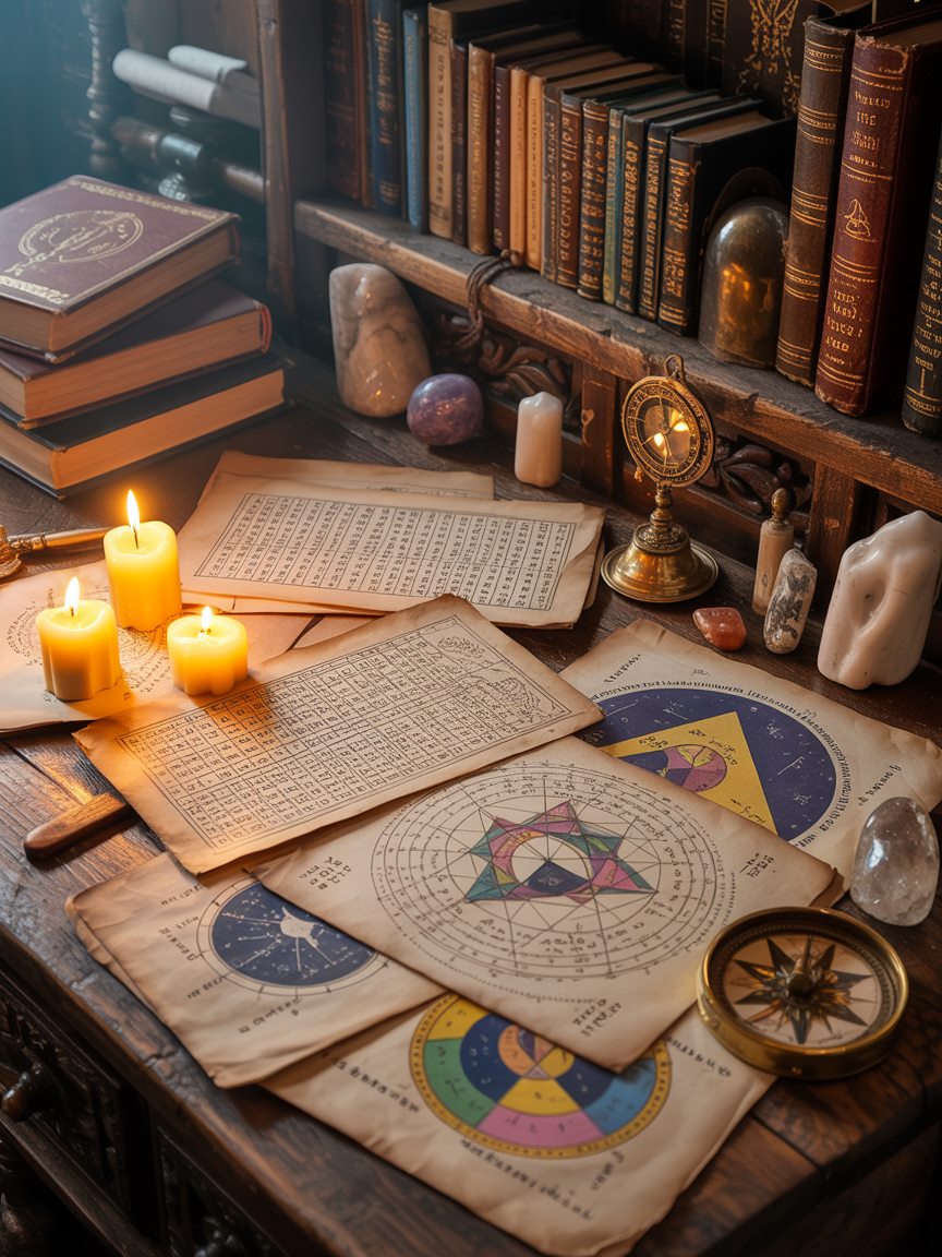 Mesa de estudos com mapas numerológicos, velas e livros antigos