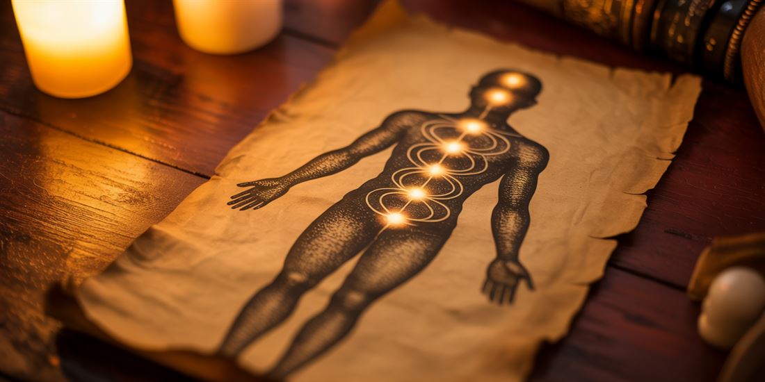Ilustração antiga do corpo humano com chakras, Módulo 11: Anatomia Sutil