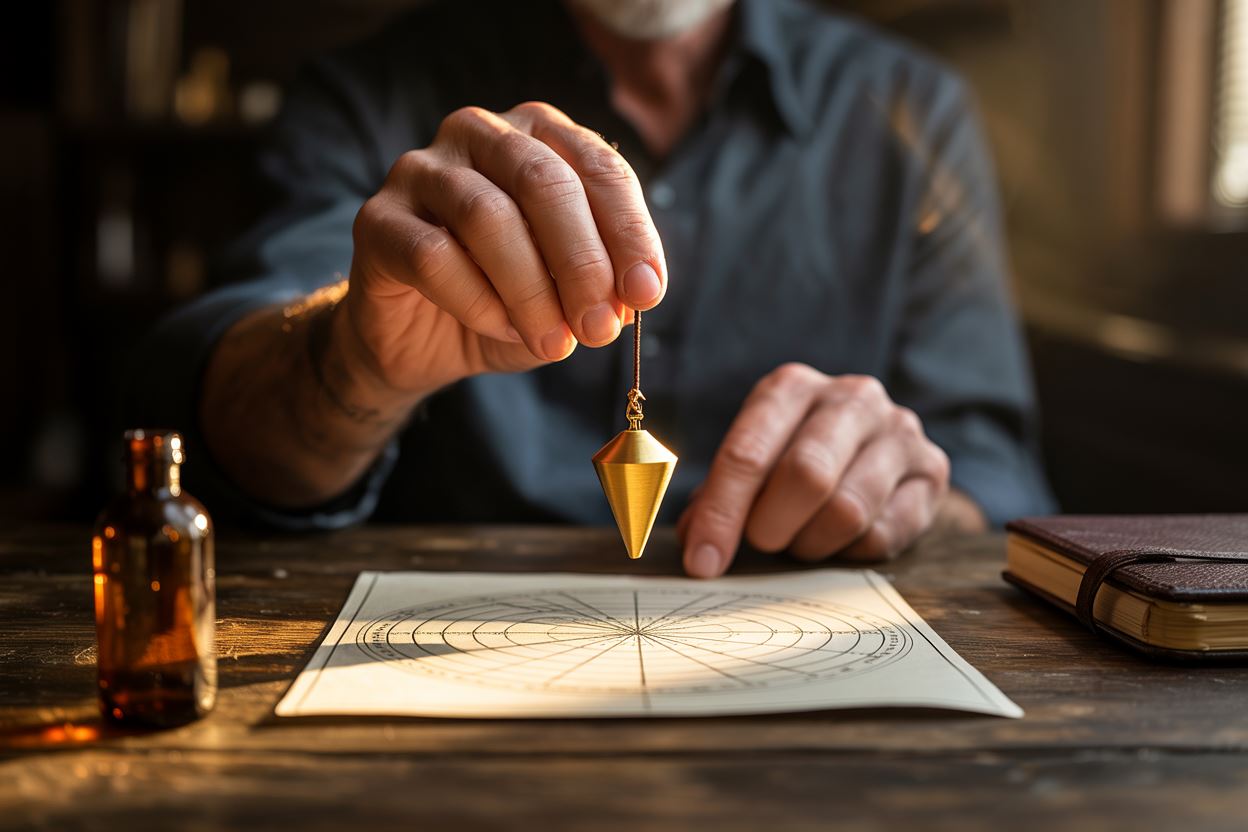 Radiestesista operando o pêndulo sobre um gráfico durante um atendimento