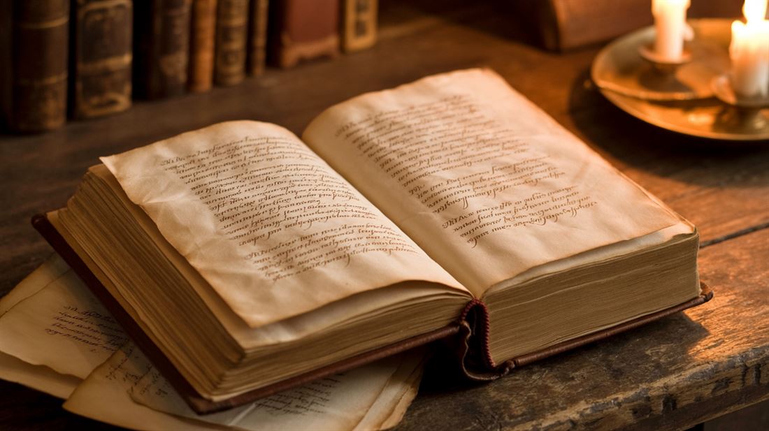 Livro antigo aberto sobre uma mesa à luz de velas