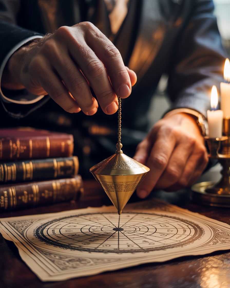 Mãos segurando um pêndulo dourado sobre um gráfico radiestésico